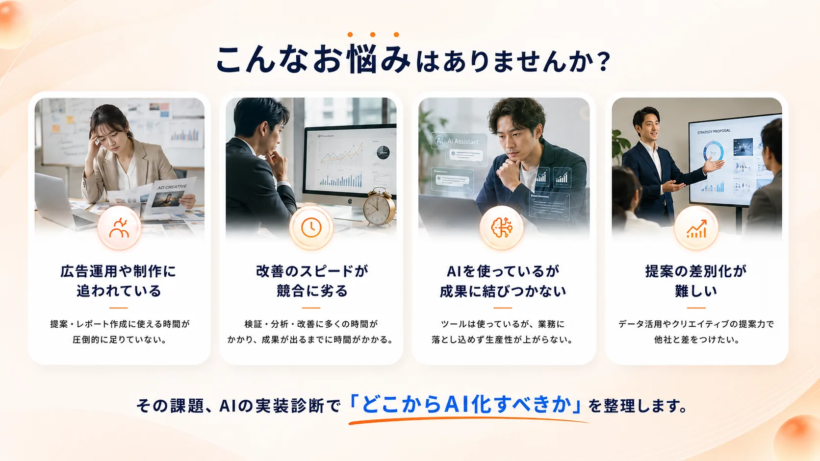 こんなお悩みはありませんか？ 広告運用や制作に追われている／改善のスピードが競合に劣る／AIを使っているが成果に結びつかない／提案の差別化が難しい